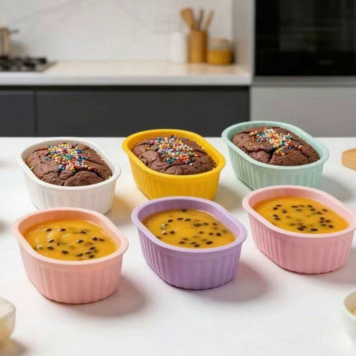 Mixing Cup Silicone - シリコン製デザートカップケーキ型、小型楕円形パンとチーズ型、耐熱性、再利用可能、ミックスカラーセット、6個入り