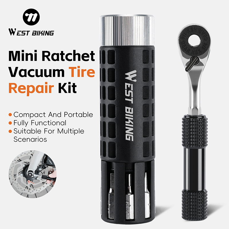 Vacuum Chamber Small - WEST BIKING ミニラチェット真空タイヤ修理キット 自転車修理ツールセット ラチェットタイヤ修理ニードルフォーク 5つのゴムストリップ